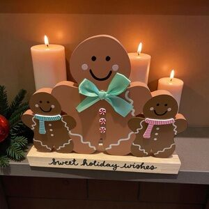 Festive Gingerbread Family Decor with Mint Green Bow